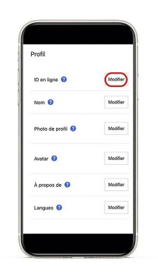 Emplacement du bouton de modification du profil sur l'application PS App