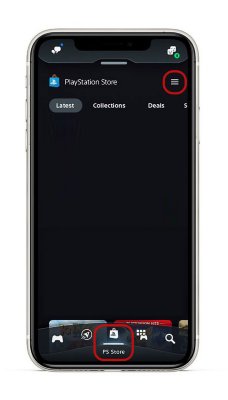 PS App-Bildschirm mit ausgewähltem PS Store-Symbol in der unteren Menüleiste und ausgewähltem Menü-Symbol oben rechts auf dem Bildschirm.
