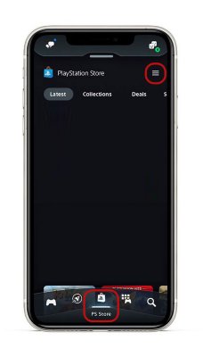 Ecrã da PS App com o ícone PS Store selecionado na barra do menu inferior e o ícone de menu selecionado no canto superior direito do ecrã.