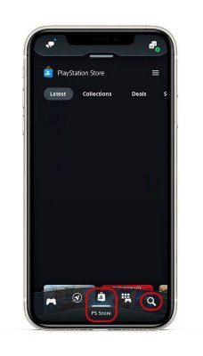 PS App screen with PS Store and Search icons highlighted on the bottom menu bar.