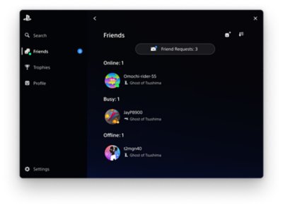PlayStation overlay with the Friends tab selected on the left, and a list of friends in the centre.