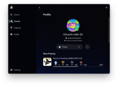 PlayStation-Overlay mit der ausgewählten Registerkarte "Freunde" auf der linken Seite und einem Profil des Spielers in der Mitte.