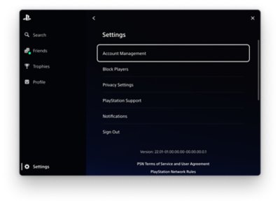 Superposición de PlayStation con la opción Configuración seleccionada en la parte inferior izquierda y una lista de configuraciones en el centro.