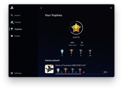 Superposition PlayStation avec l'onglet Trophées sélectionné à gauche et une liste de trophées au centre.