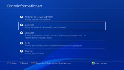 PS4-Benutzeroberfläche mit der Position der Sicherheitsfunktionen.