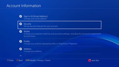 PS4 user interface showing location of Security features.