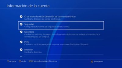 Interfaz de usuario de la PS4 que muestra la ubicación de las funciones de seguridad.