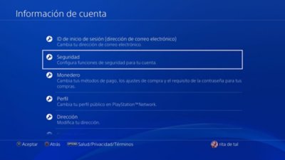 Interfaz de usuario de PS4 que muestra la ubicación de las funciones de seguridad.