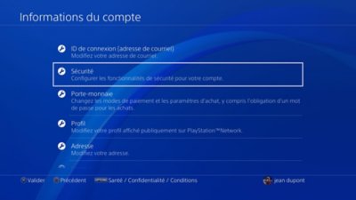 Interface utilisateur de la PS4 indiquant l'emplacement des fonctionnalités de sécurité.