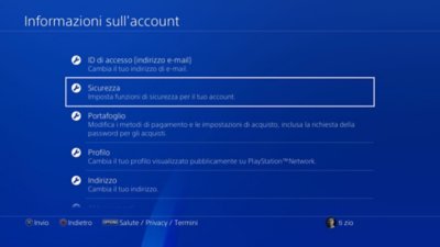 Interfaccia utente di PS4 che mostra la posizione delle funzionalità di sicurezza.