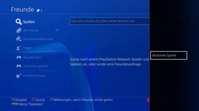 Benutzeroberfläche der PS4-Konsole, auf der zu sehen ist, wo blockierte Spieler zu finden sind.