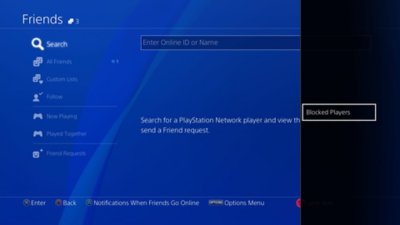 Gebruikersinterface PS4-systeem die aangeeft waar geblokkeerde spelers te vinden zijn.