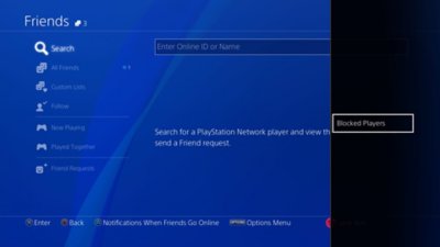 Interface utilisateur de la console PS4 montrant où trouver les joueurs bloqués.