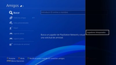 Interfaz de usuario de una consola PS4, en la cual se indica dónde encontrar a los jugadores bloqueados.