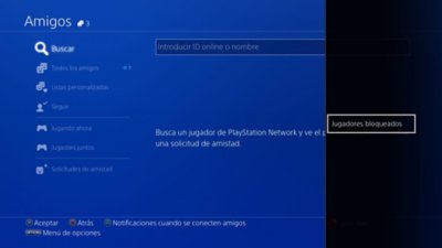 Interfaz de usuario de la consola PS4 que muestra dónde encontrar jugadores bloqueados.