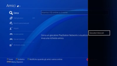 Interfaccia utente della console PS4 che mostra dove trovare i giocatori bloccati.