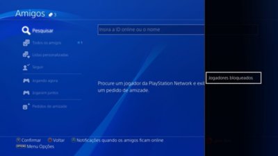 Interface do usuário do console PS4 mostrando onde encontrar jogadores bloqueados.