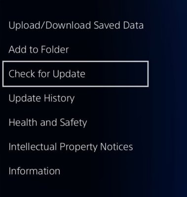 PS4 menu shown when selecting a game thumbnail and pressing the Options button on your controller. The [Check for Update] menu option is highlighted.
