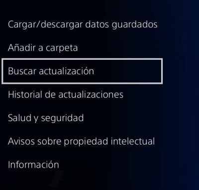 Menú de PS4 que se muestra al seleccionar la miniatura de un juego y presionar el botón de opciones en el control. La opción de menú [Comprobar si hay actualizaciones] está resaltada.