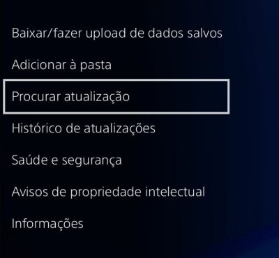 Menu do PS4 exibido ao selecionar a miniatura de um jogo e pressionar o botão de opções no controle. A opção [Procurar atualização] do menu ficará destacada.