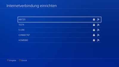 Bildschirm zum Einrichten der Internetverbindung für die PS4-Konsole