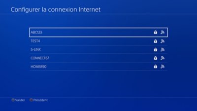 Écran de configuration de la connexion Internet sur console PS4