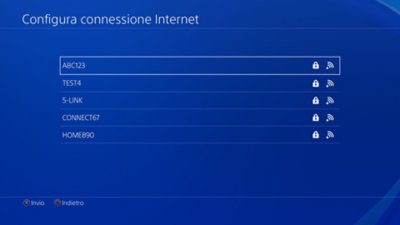 Console PS4: schermata di configurazione della connessione Internet