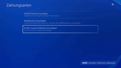 PS4-Bildschirm für die Zahlungsmethoden mit der hervorgehobenen Option "Kreditkarte oder Lastschriftkarte hinzufügen".