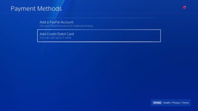 PS4 Payment Methods screen with the Add Credit or Debit Card option highlighted.