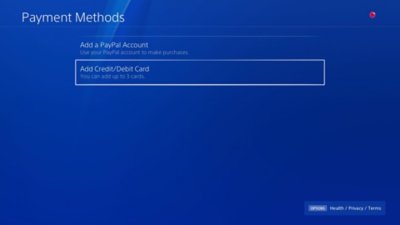 Skærmen Betalingsmetoder på PS4 med indstillingen Tilføj kredit- eller debetkort fremhævet.