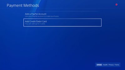 Écran Modes de paiement de la PS4 avec l’option Ajouter une carte de crédit ou de débit en surbrillance.