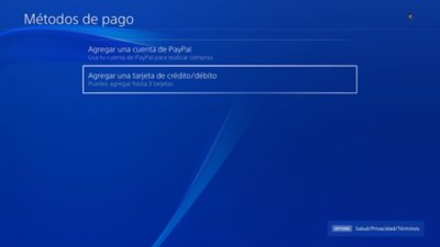 PS4: pantalla Métodos de pago con la opción Agregar tarjeta de crédito o débito resaltada