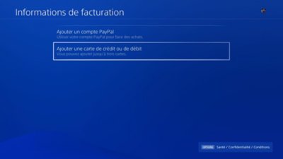 Écran Informations de facturation sur PS4, avec l'option Ajouter une carte bancaire sélectionnée.