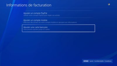 Écran Informations de facturation sur PS4, avec l'option Ajouter une carte bancaire sélectionnée.