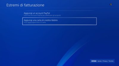 Schermata di PS4 Metodi di pagamento con l'opzione Aggiungi carta di credito o di debito in evidenza.