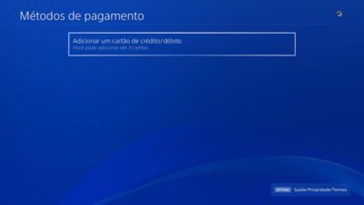 Tela Métodos de pagamento do PS4 com a opção Adicionar cartão de crédito ou débito em destaque.