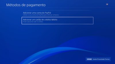 Ecrã Formas de pagamento da PS4 com a opção Adicionar cartão de crédito ou débito destacada.