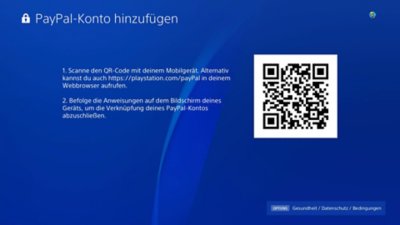 Bildschirm zum Hinzufügen des PayPal-Kontos auf der PS4, einschließlich QR-Code