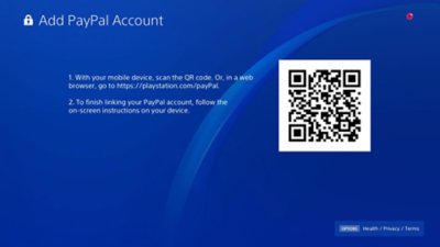 PS4 Add PayPal Account screen, including a QR code.