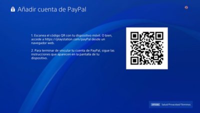 Pantalla Añadir cuenta de PayPal en PS4, con código QR incluido.