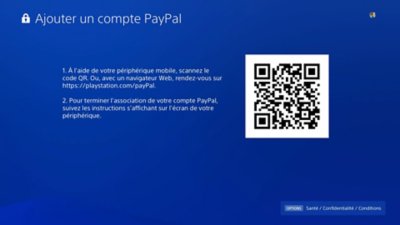 Écran d'ajout d'un compte PayPal sur PS4 avec un code QR.