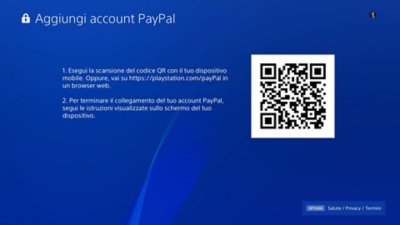 Schermata Aggiungi account PayPal di PS4, incluso un codice QR.