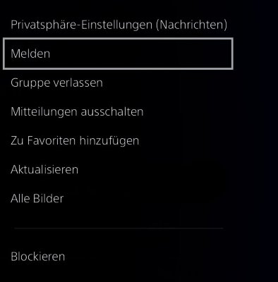 PS4-Bildschirm zum Nachrichtenaustausch mit hervorgehobener Option „Melden“.