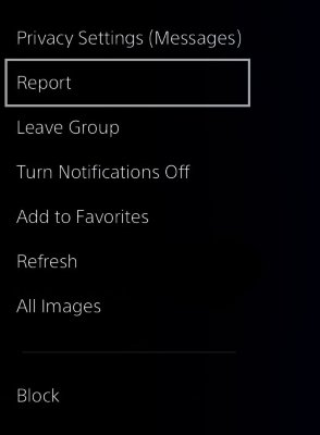 شاشة تبادل رسائل PS4 مع تمييز خيار الإبلاغ.