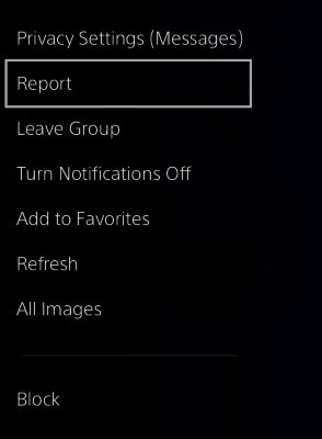 PS4 message exchange screen with the Report option highlighted.