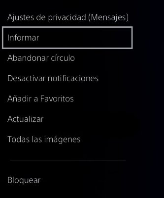 Pantalla de intercambio de mensajes de PS4 con la opción Informar resaltada.