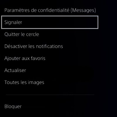 Écran d'échange de messages sur PS4 avec l'option Signaler en surbrillance.