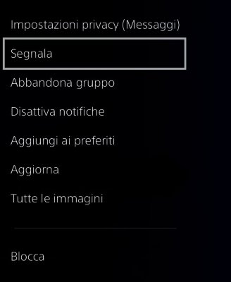 Schermata di scambio di messaggi su PS4 con l'opzione Segnala in evidenza.