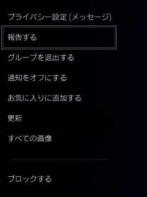 ［報告する］オプションがハイライトされたPS4のメッセージ交換画面。