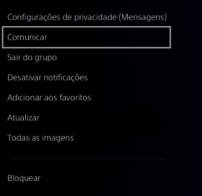 Tela de troca de mensagens do PS4 com a opção Denunciar realçada.